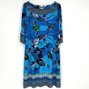 Marc Bouwer Dress Womens XL Retro Floral 70s Blue‎ Tropical Hippie Shift